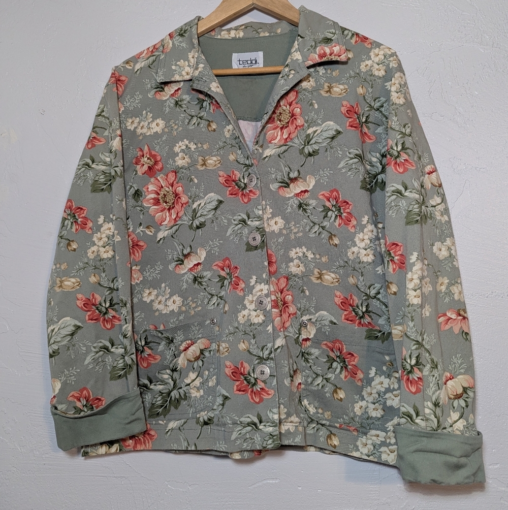 Vintage Cottagecore Whimsical Floral Button Up Sage Green Denim Jacket Garden